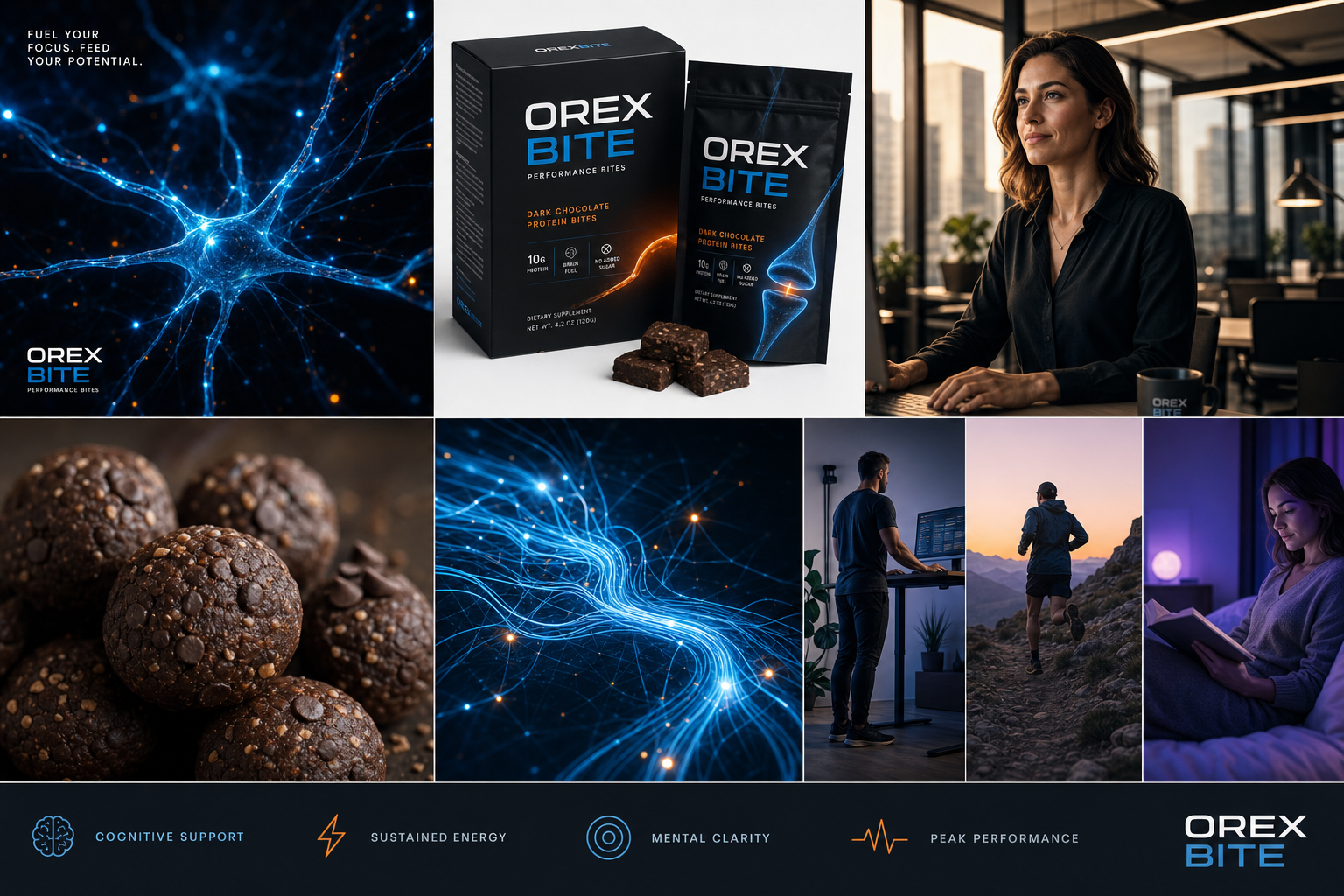 OrexBite brand mood board showing neural network imagery, packaging, lifestyle photography, and brand pillars: cognitive support, sustained energy, mental clarity, peak performance.