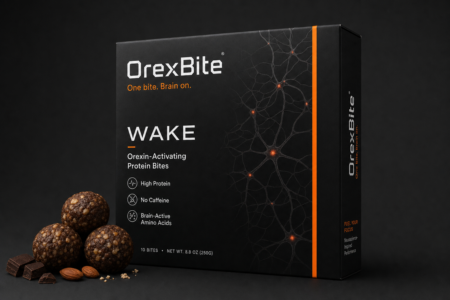 OrexBite WAKE — Orexin-activating protein bites carton on a black surface with three protein bites, chocolate, and almonds.